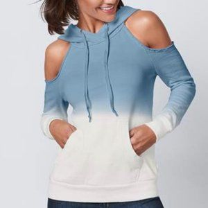 New Venus Women's Cold Shoulder Blue Ombre Hooded Sweatshirt Size S